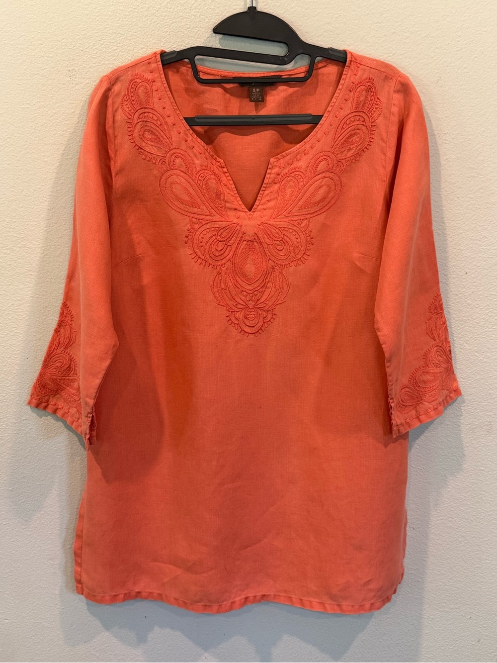 Tommy Bahama Coral 100% Linen Embroidered Women’s S/P 3/4 Sleeve Tunic Island